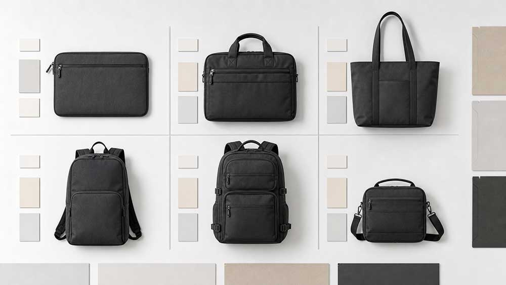 HP Hope Bag collection — laptop sleeve, briefcase, tote, backpacks and crossbody bag displayed on a white wall with material swatches